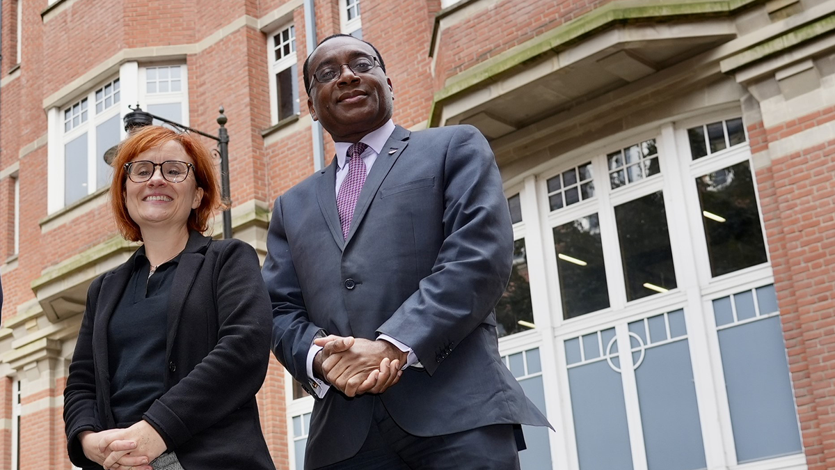 Professor Catherine O'Connor and Professor Charles Egbu outside the City Campus