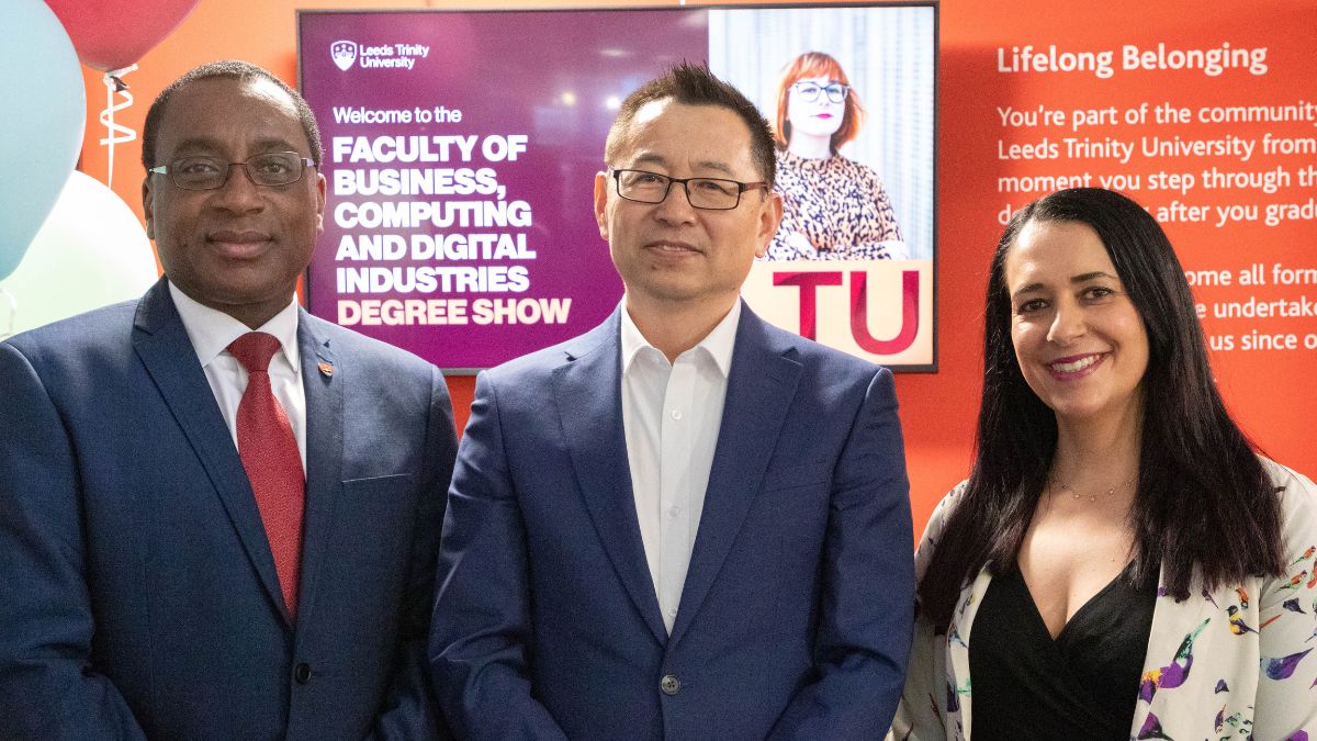 A picture of Leeds Trinity University colleagues Professor Charles Egbu, Professor Yanguo Jing and Nicky Danino