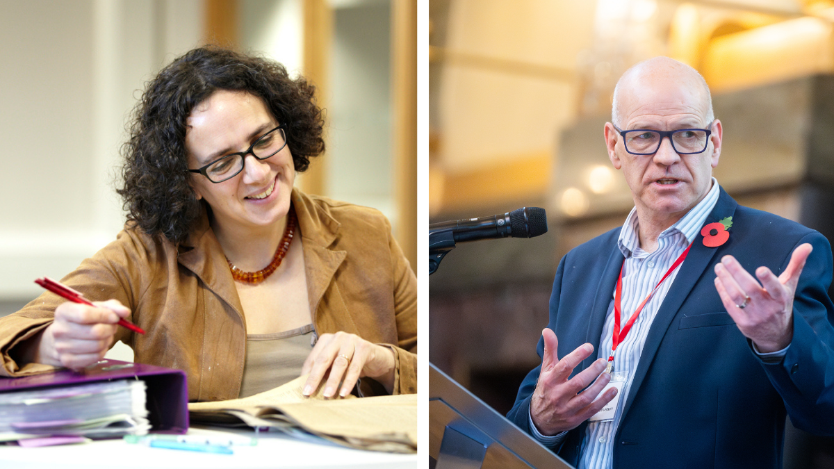 A collage showing two Leeds Trinity Professors, Professor Karen Sayer on the left and Professor Steve Johnson on the right.