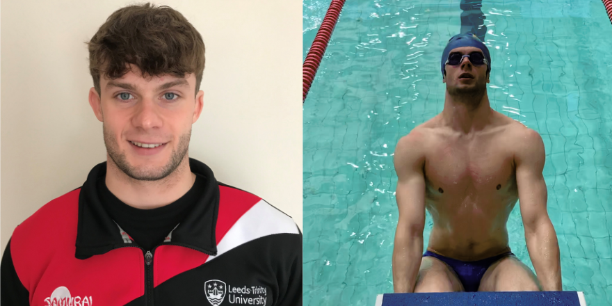 Left: Male student in black, red and white jumper, Right: man dives into swimming pool.