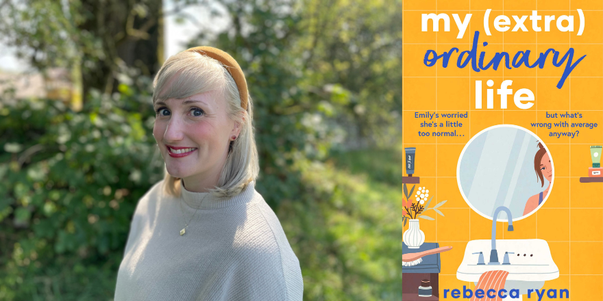 Student standing in field and cover of her new book