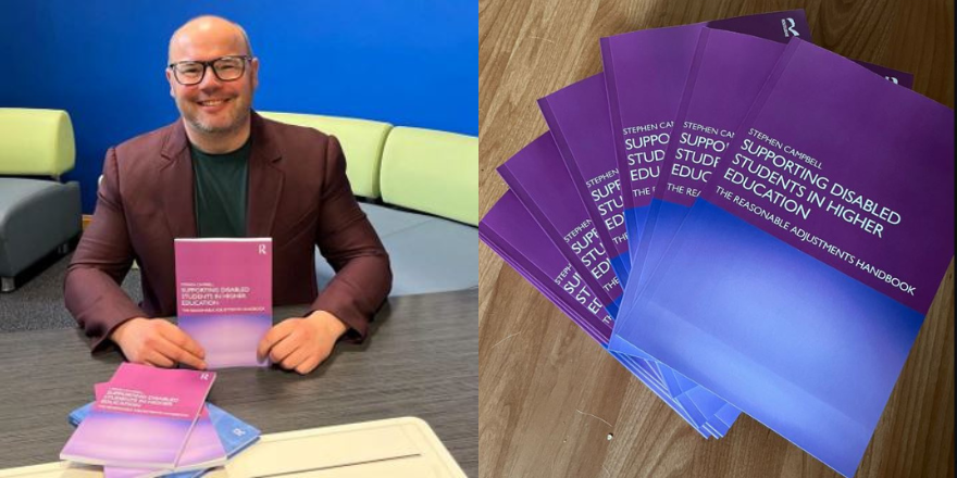 A man wearing glasses sits at a table holding a book. Next to him, a close up version of the purple and blue front cover of the book.