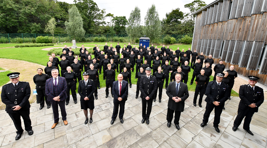 The first cohort of West Yorkshire Police Police Constable Degree Apprentice recruits at Carr Gate.