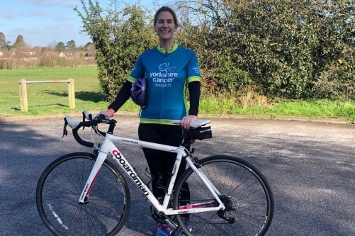 Gill Barker pictured with bike during final challenge .
