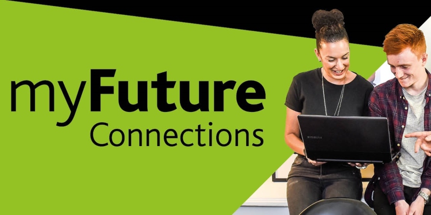 Green background which reads myFuture Connections, along with image of two students looking at laptop.