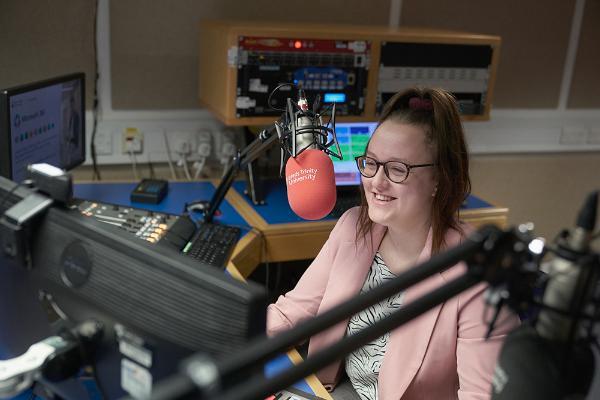 Journalism student Lucy-Jane Attenbury working in the radio studio